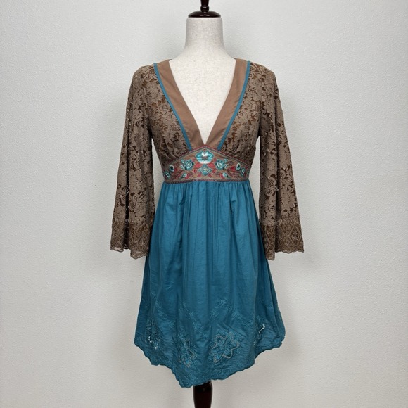 Vtg 90s Flying Tomato‎ Dress Womens Small Blue Empire Waist Crochet Boho Indie - Picture 2 of 16